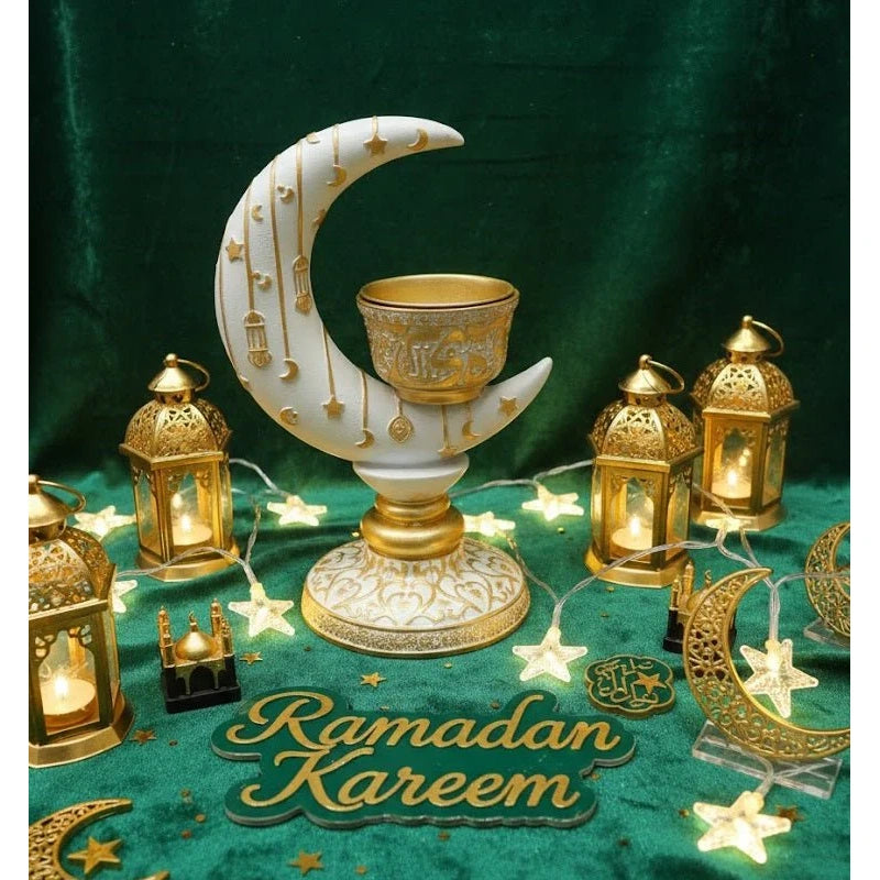 Islamic Crescent Moon Candle Holder with Arabic Calligraphy Bowl