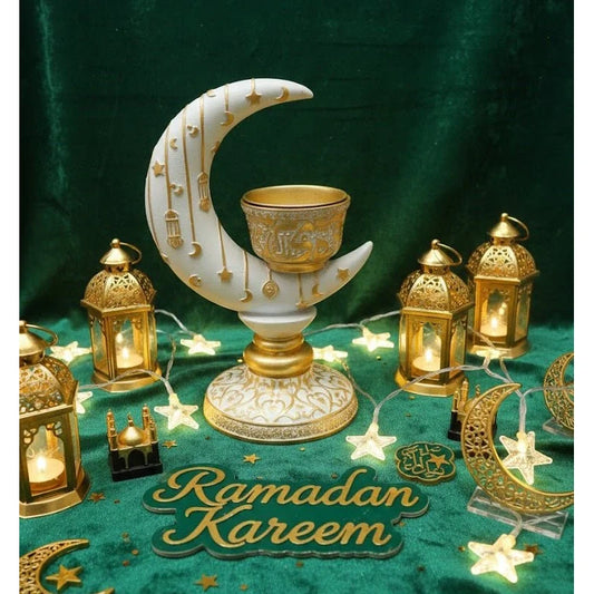 Islamic Crescent Moon Candle Holder with Arabic Calligraphy Bowl