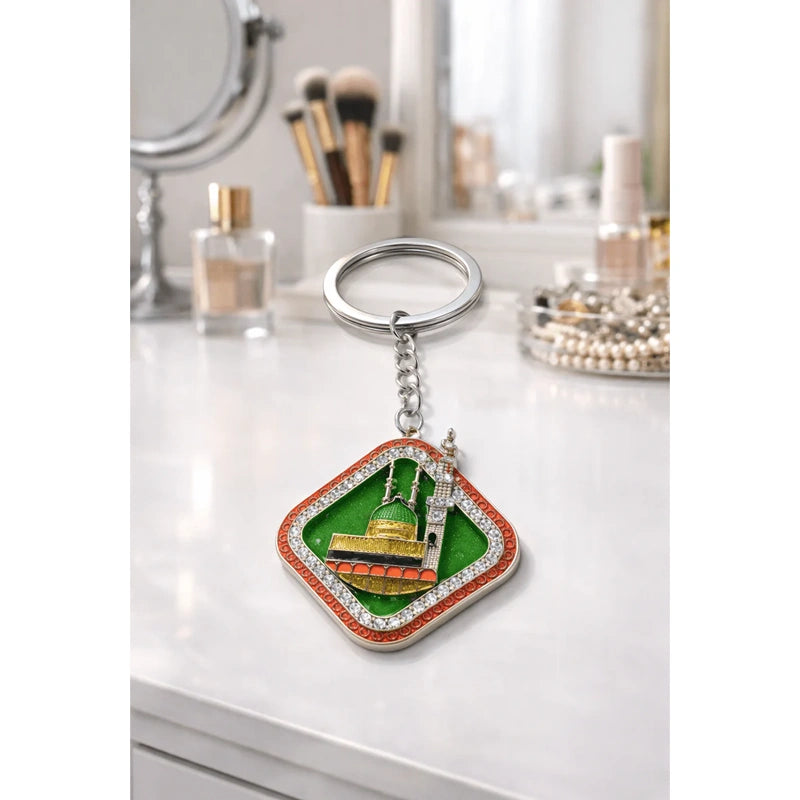 Islamic Square Madinah Dome Keychain with Crystal Border (Silver Finish)