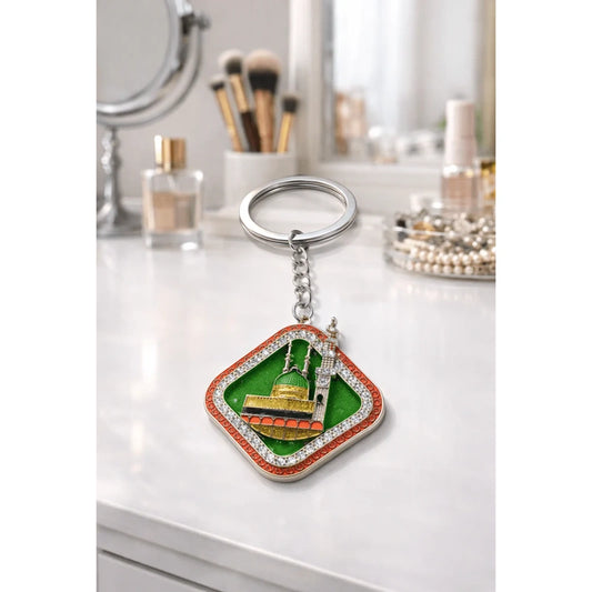 Islamic Square Madinah Dome Keychain with Crystal Border (Silver Finish)