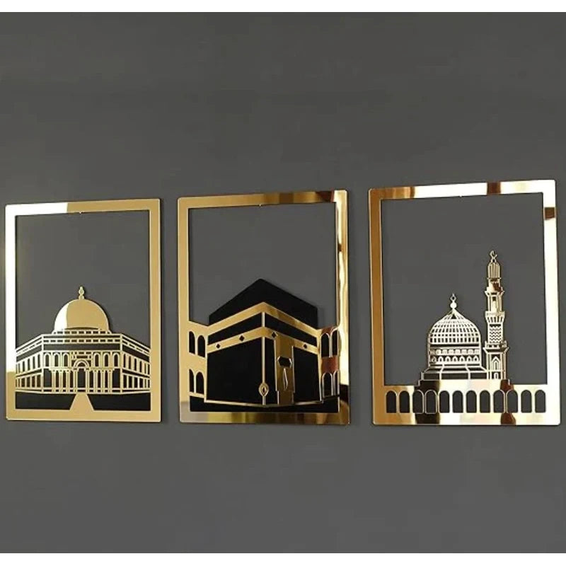 Masjid Al Aqsa, Masjid Al-Haram & Masjid An-Nabawi Islamic Wall Art (Shiny Handpainted MDF Decor)