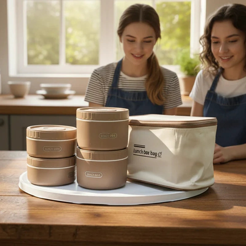 Elegant Round Stackable Lunch Box Set with Insulated Bag